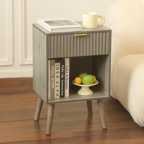 Fultyle Mid Century Modern Nightstand, Wood Bedside Table with Drawer and Open Storage, End Table Living Room Fluted Night Stand with Solid Wood Legs for Bedroom (Grey) - color: Grey