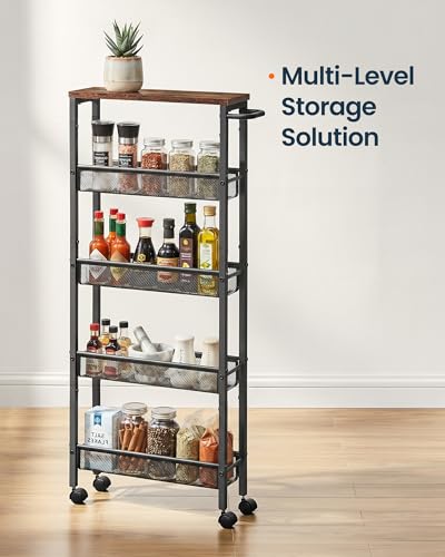 SONGMICS HOME Slim Rolling Cart, 5-Tier Storage Cart with Wheels and Handle, Narrow Utility Cart for Kitchen, Living Room, Brown and Black - style: 5 Tiers