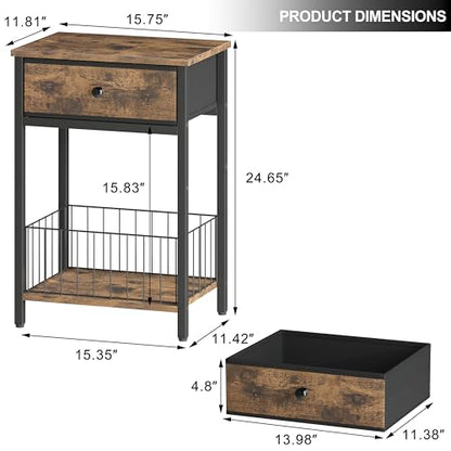 End Tables Bedroom, Night Stand with Drawers, Industrial nightstand, Nightstand with Fabric Bins, Bedside Table End Table for Bedroom, Closet, Entryway, College Dorm, Rustic Brown LNT0061BR - color: Rustic Brown & Black