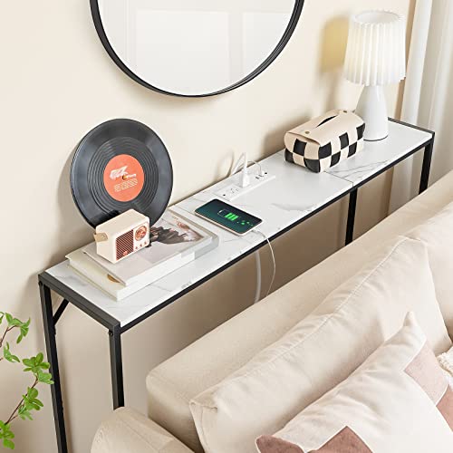 MAHANCRIS Console Table, Narrow Sofa Table Behind Couch, 43.7” Entrance Table with Power Station, Simple Style, for Living Room, Hallway, Entryway, Foyer, Marble and Black CTHM112E01 - color: Marble, Black