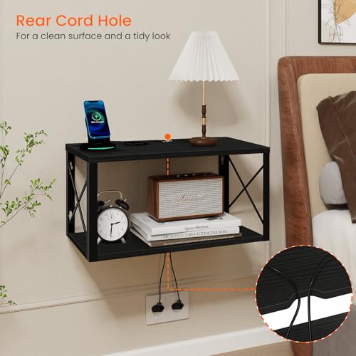 Homode Floating Nightstand, 2 Tier Wall Mounted Nightstand with Cable Hole, Wooden Floating Bedside Table, Bedside Wall Shelf for Bedroom Bathroom Living Room Kitchen Office, Black - color: Black