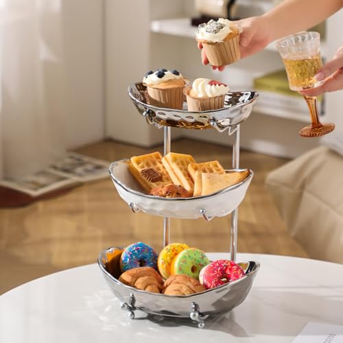 YYW 3 Tier Fruit Bowl for Kitchen Counter, White Gold Silver Ceramic Fruit Stand for Countertop, Home Fruit Rack with Metal Holder, Vegetable Snacks Nuts Bread Candy Storage (Silver) - color: Silver