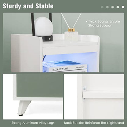 GOFLAME LED Nightstand Set of 2, 3-Tier Sofa Side Table with Drawer & Open Shelf, Remote Control, Aluminum Alloy Leg, Modern End Table for Bedroom, Guest Room, White