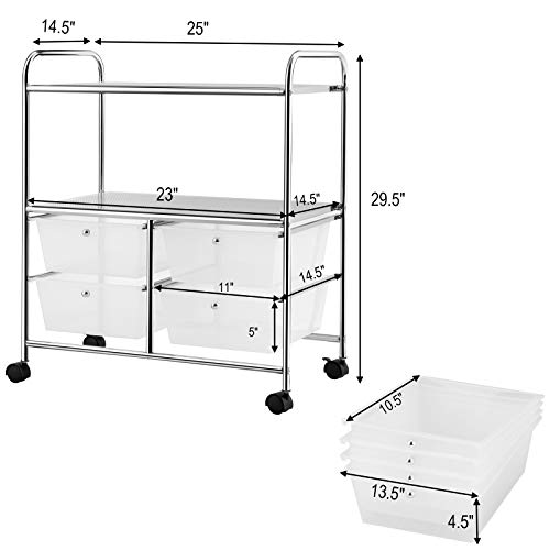 RELAX4LIFE Rolling Storage Cart with 4 Drawers & 2 Shelves, Metal Frame Paper Scrapbook File Organizer for Home Office, School Classroom, Movable Art Craft Cart (Clear) - color: Clear