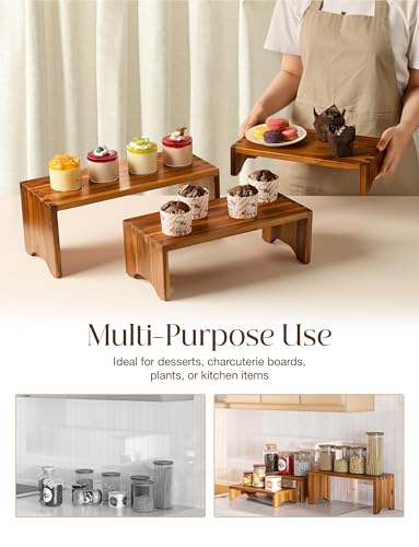 Tidita Wooden 3 Tier Cupcake Stand, Riser Display Stand with Non-Slip Pads | Set of 3 Size ,Solid Acacia Wood, No Assembly Required, Finger-jointed, Space-Saving Nesting Design, Multi-Purpose Display - color: Acacia