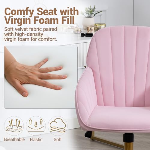 Velvet Make Up Vanity Chair with Wheels and Gold Base 330 Lbs - Pink | Home office Chair, Study Chair, Teacher Chair, Cute Chair, Height Adjustable Swivel Desk Chair, for Living Room Study Room - color: Pink