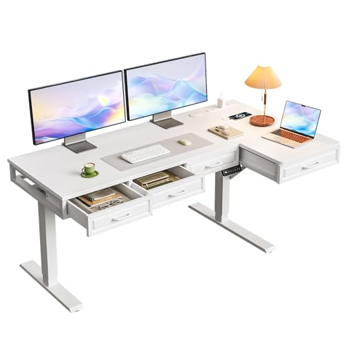 OffiGo L Shaped Electric Standing Desk with Wooden Drawers, 55 Inch Height Adjustable Corner Workstation with Power Outlets, Sit Stand Table for Home, Office, White - color: White, size: 55 Inch