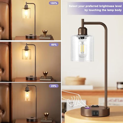 Innqoo Industrial Touch Table Lamps - 3-Way Dimmable Desk Lamps Set of 2 with USB C+A Ports and Outlet, Brown Bedside Lamps with Clear Glass Shade for Living & Bedrooms - color: H-Brown Base&Seeded Clear Glass