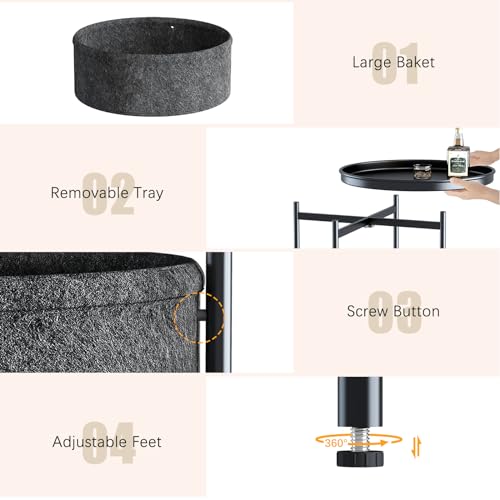 Garden 4 you Side Table with Fabric Storage Basket, Round Metal End Table, Small Bedside Table Nightstand with Removable Tray, for Nursery, Living Room, Bedroom, Bathroom, Black - color: Black