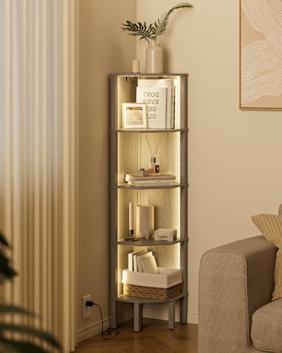 Corner Shelf Stand, 5 Tier Corner Bookshelf,Corner Furniture for Bedroom Display Corner Shelf for Small Space,Wood Shelves with Storage Rack for Living Room,Office,Gray - color: Grey
