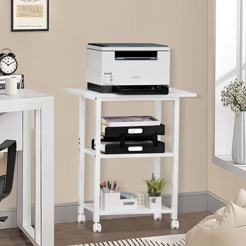 Lerliuo 3-Tier Printer Stand, Industrial Mobile Printer Table with Storage Shelf and Steel Frame, Rolling Printer Cart Holder with Lockable Wheels for Home, Office (White) | White Mobile Printer Cart Holder for Home Office, Lockable Wheels, Open Storage S