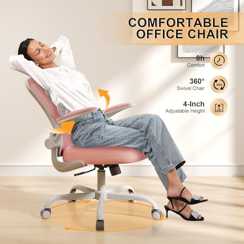 Office Chair, Ergonomic Desk Chairs 330LBS Capacity High Back Mesh Computer Chair with Flip-up Armrests, Comfy Work Chair with Adjustable Lumbar Support - color: Gray-pink