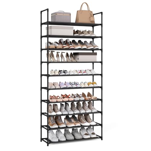 SONGMICS Shoe Rack, 10-Tier Shoe Shelf, Shoe Storage Organizer, 11 x 32.7 x 68 Inches, Metal Frame, Non-Woven Fabric Shelves, for Entryway, Bedroom, Black ULSH110BH01 - color: Black, size: 11"D x 32.7"W