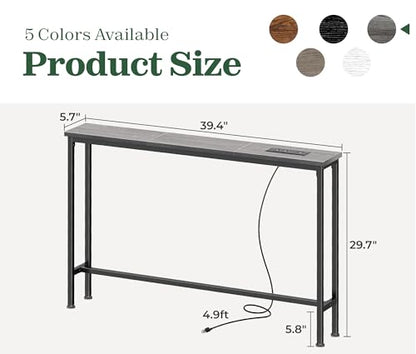 SUPERJARE 5.7 Inch Console Table with Outlet, Sofa Table, Behind Couch Table, 5.7 x 39.4 x 29.7 Inches, Metal Frame, Charging Station, Charcoal Gray - color: Charcoal Gray, size: 5.7''D x 39.4''W x 29.7''H