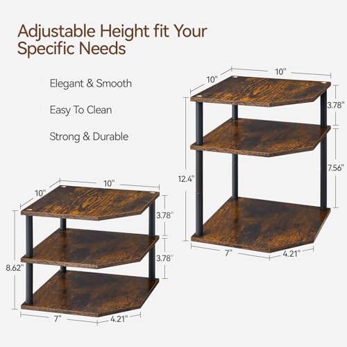 Wooden 3 Tier Corner Shelf, Countertop Storage Organizer for Kitchen Cabinets and Desk, Plates, Dishes, Bread and Small Space Decor, Adjustable