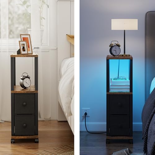 TUTOTAK Small Narrow End Tables, LED Side Tables with 2 Fabric Drawers, Set of 2, Bedside Tables with Charging Station for Small Spaces, Slim Nightstands with USB Ports and Wheels, TB01BB053L - color: Brown, style: with LED Light & Outlets