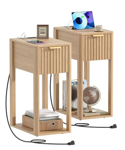 Akxomel Narrow Fluted Nightstands Set of 2, Wooden Slim Bedside Table with Charging Station, Mid-Century Modern Night Stand with Drawer and Open Shelf, Small Side End Table, for Bedroom, Natural Oak - color: Natural Oak