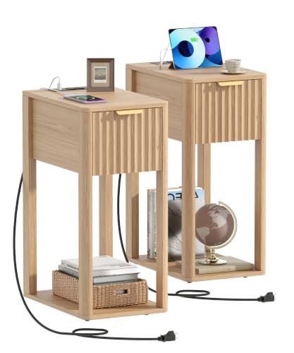Akxomel Narrow Fluted Nightstands Set of 2, Wooden Slim Bedside Table with Charging Station, Mid-Century Modern Night Stand with Drawer and Open Shelf, Small Side End Table, for Bedroom, Natural Oak - color: Natural Oak