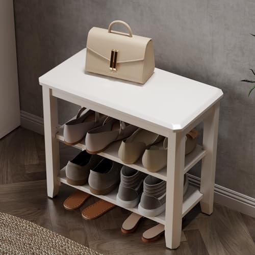 AQIMUELE Wood Shoe Rack Bench for Entryway, 2 Tier Shoe Rack for Front Door Entrance, Shoe Bench with Shoe Storage for Entryway, Bedroom, 23.6" - color: White-wood Seat, size: 23.6"W x 20.4"H x 11.8"D
