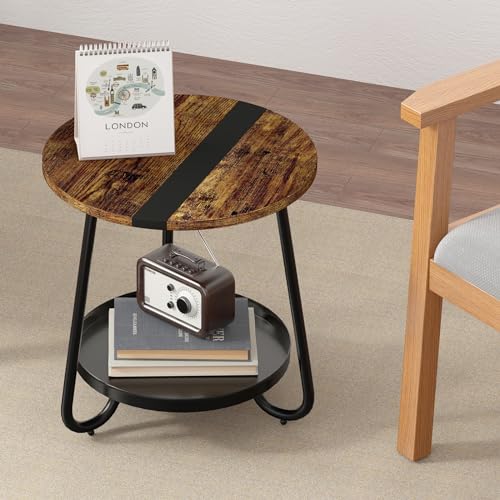 2 Tier Coffee Table in Living Room, Industrial Style Round Coffee Table with Metal Tray, Wood Small Outdoor Coffee Table for Bedroom Balcony Patio, Rustic Brown - color: Rustic Brown