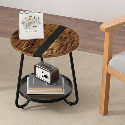 2 Tier Coffee Table in Living Room, Industrial Style Round Coffee Table with Metal Tray, Wood Small Outdoor Coffee Table for Bedroom Balcony Patio, Rustic Brown - color: Rustic Brown