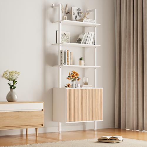 INNOD 74" Tall Bookshelf with Storage Cabinet, Modern Ladder Shelf with Wood and Metal Frame, Wall Mount Bookcase Open Display Shelf Furniture for Living Room, Bedroom, Home Office, White and Oak - color: White & Oak