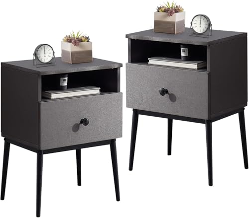 VECELO Night Stand Set of 2,Modern Solid Wood Nightstand with Storage Shelf and Drawer, Bedside Table End Table for Living Room,Bedroom,Entryway,Easy Assembly,Gray - color: Dark Gray(set of 2)