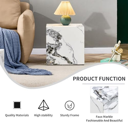 15.7" H Square Compact Coffee Table,Small Cube End Table,Modern Side Table with Stylish Faux Marble Pattern,Minimalist Accent Table for Living Room,Office,Apartment,Nightstand(White,15.7") - color: White,15.7"h