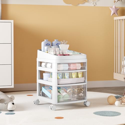 Rolling Cart with 3 Drawers, Clear Plastic Drawer Organizers, Dust Proof Under Desk Storage for Makeup, Skincare, Art Crafts and Baby Items, Acrylic Cosmetic Organizer with Dividers, Vanity Cart - size: 3 Tier