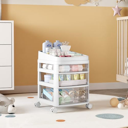 Rolling Cart with 3 Drawers, Clear Plastic Drawer Organizers, Dust Proof Under Desk Storage for Makeup, Skincare, Art Crafts and Baby Items, Acrylic Cosmetic Organizer with Dividers, Vanity Cart - size: 3 Tier