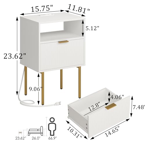 Modern Nightstand with Charging Station and LED Lights, White Bedside Table with Drawer, Fluted Side Table for Living Room, Bedroom - color: White