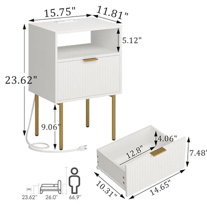 Modern Nightstand with Charging Station and LED Lights, White Bedside Table with Drawer, Fluted Side Table for Living Room, Bedroom - color: White