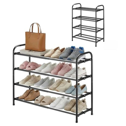 4-Tier Expandable Shoe Rack, Adjustable Shoe Shelf Storage Organizer Durable Metal Free Standing Shoe Rack for Entryway Closet Doorway (Black) - size: 4 Tier