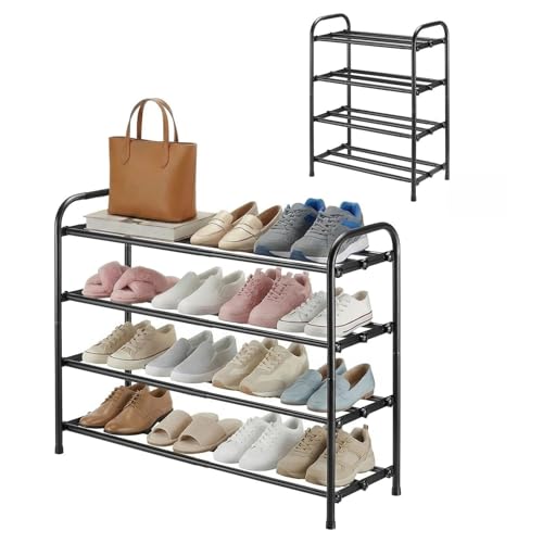 4-Tier Expandable Shoe Rack, Adjustable Shoe Shelf Storage Organizer Durable Metal Free Standing Shoe Rack for Entryway Closet Doorway (Black) - size: 4 Tier