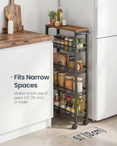 SONGMICS HOME Slim Rolling Cart, 5-Tier Storage Cart with Wheels and Handle, Narrow Utility Cart for Kitchen, Living Room, Brown and Black - style: 5 Tiers