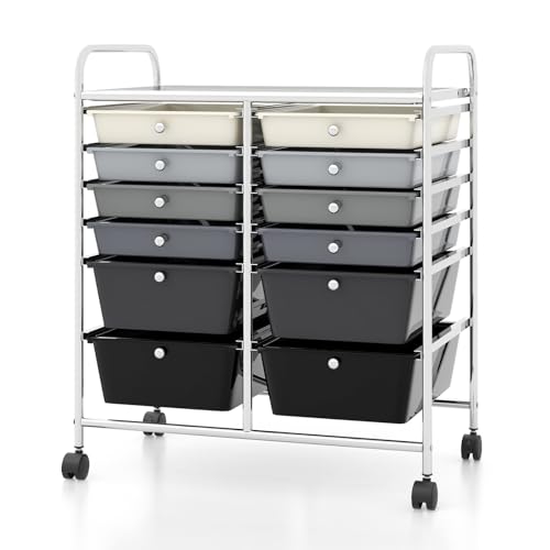 12 Drawer Rolling Cart with Drawers, Storage Cart with Lockable Wheel & Metal Frame, Multipurpose Mobile Trolley Utility Cart for Salon Makeup Kitchen Office Play Room (Gradient Gray) - color: Gradient Gray, size: 12 Drawers (4 Big +10 Small)