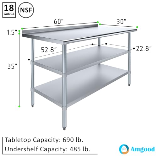 AmGood Stainless Steel Work Table with 1.5" Backsplash and 2 Shelves | Metal Kitchen Food Prep Table | NSF (60" Long x 30" Deep) - size: 60" Long x 30" Deep