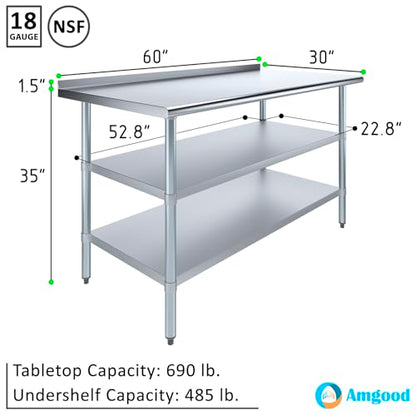 AmGood Stainless Steel Work Table with 1.5" Backsplash and 2 Shelves | Metal Kitchen Food Prep Table | NSF (60" Long x 30" Deep) - size: 60" Long x 30" Deep