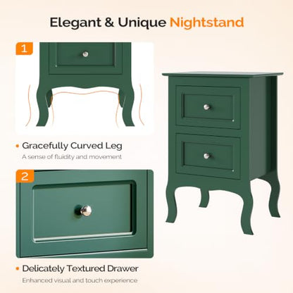 Bonnlo Green Nightstand with Drawers for Bedroom, Green Night Stand Bedside Table for Small Spaces, Kids Room, Living Room, Dorm, French, 15.75" W x 11.8" D x 23.6" H - color: Green