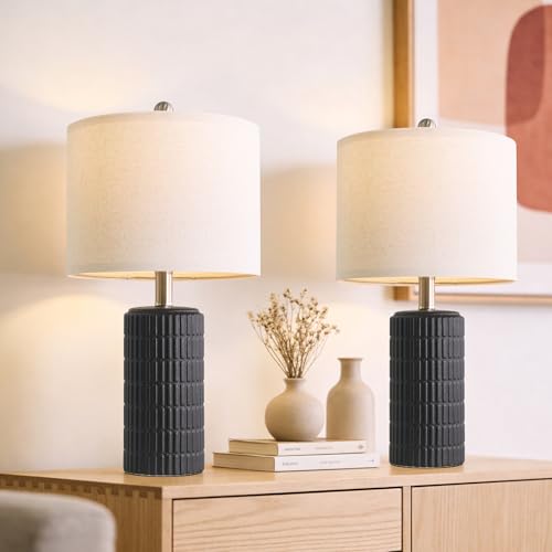 PoKat Small Table Lamps Set of 2 for Bedroom, 20.75'' Matte-Textured Farmhouse Ceramic Bedside Lamps for Night Stands, Stone-Like Modern Lamps for Living Room End Table Hallway Entryway Decor Black - color: 20.75'' Small - Matte Black