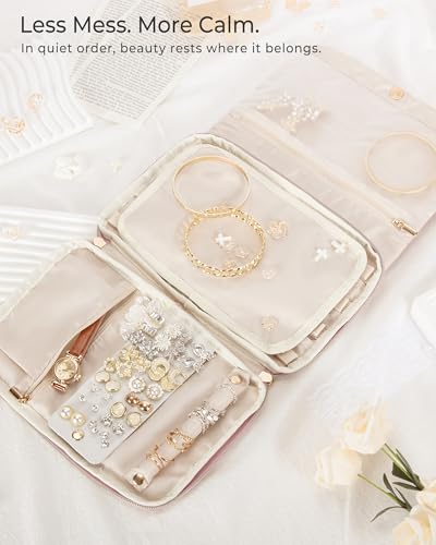 Marscamd Travel Jewelry Organizer Case, Foldable Jewelry Bag, Pink | with Multi Pockets for Earrings, Rings, Necklaces, Bracelets, Brooches - color: Pink