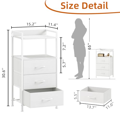 Somdot Nightstand with 3 Drawers, Dresser with Fabric Bins for Bedroom, Hallway, Entryway, Night Stand Bedside Table Furniture, Sturdy Steel Frame, Wooden Top, Easy Pull Fabric Bins, White Leather - color: White Leather, size: 11.4"D x 15.2"W x 30.6"H (3