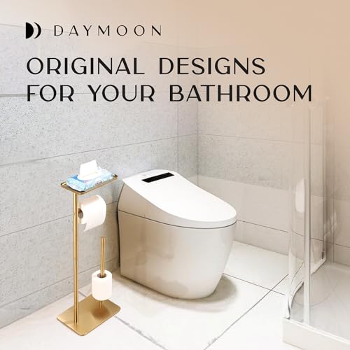 Day Moon™ - Toilet Paper Holder - Modern Roll Holder for Bathroom - 1 Pack - Free Standing - with Shelf, Gold - color: Gold