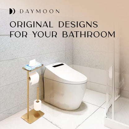 Day Moon™ - Toilet Paper Holder - Modern Roll Holder for Bathroom - 1 Pack - Free Standing - with Shelf, Gold - color: Gold