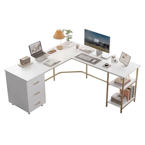 Techni Mobili L Shaped Desk - Two-Toned Computer Desk with Drawers & Storage Shelves - Simple Modern Furniture & Home Office Space Corner Table for Work & Writing | 59" two‑tone L‑shaped desk with storage shelves, durable frame, modern corner workstation,