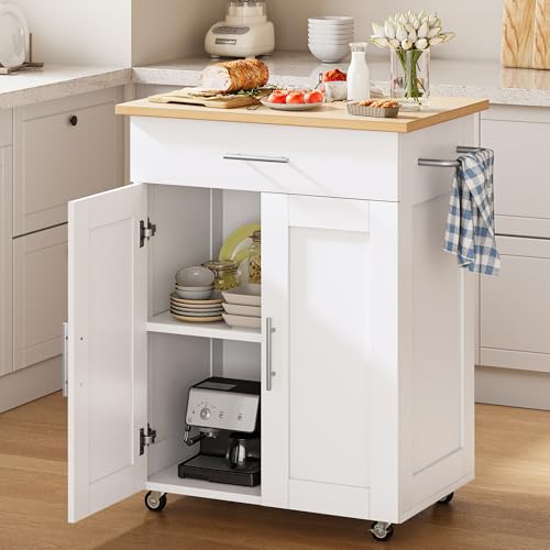 Mobile Kitchen Island on Wheels, Large Drawer, White | On Wheels, Large Drawer, Adjustable Shelf, Towel Rack, Rolling Island Table,for Kitchen & Dining Room - size: Small Kitchen Island, style: Modern White
