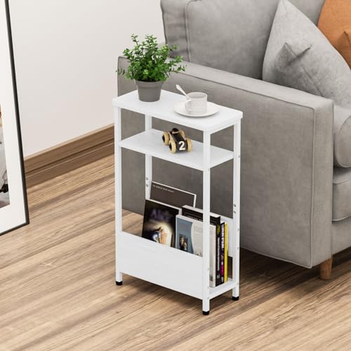 THUMEYE 7.1" Narrow Side Table for Small Spaces, 3 Tier Small End Table with Magazine Holder, Slim/Skinny Nightstand/Bedside Table for Living Room, Bedroom, 15.4" L x 24.2" H, White - color: White
