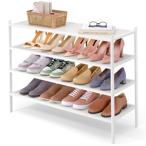 Smiry Bamboo Long Shoe Rack, 4 Tier Shoe Organizer for Closet, White | Stackable Shoe shelf for Entryway, Free Standing Storage for Shoes, Bags & Plants, with Solid Slab Shelves - color: White, size: 4 Tier-33.86" Wide