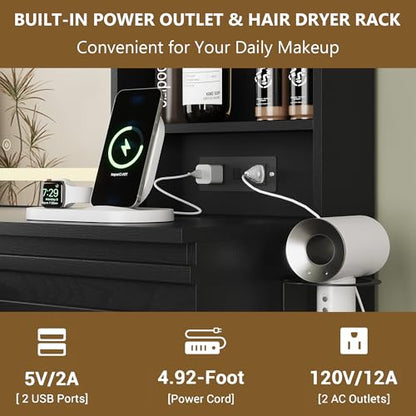 Makeup Vanity Desk with Lights, Fluted Vanity with 4 Drawers, Open Shelves, Power Outlet, LED Lighted Mirror, 3 Lighting Modes & Brightness Adjustable, Wood Dressing Table for Bedroom,Black - color: Black
