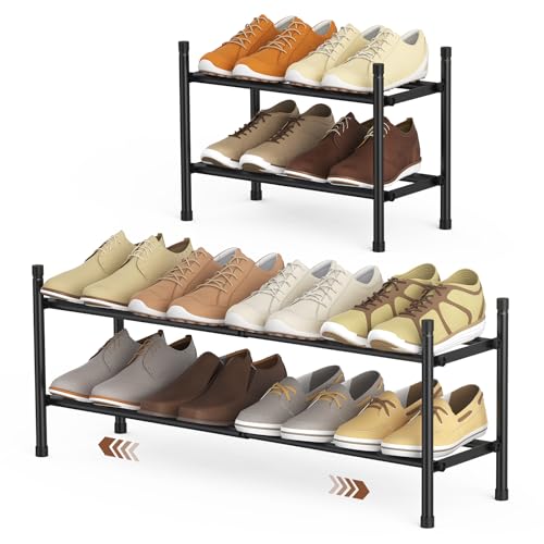 Uneviesyka Expandable Shoe Rack, 2 Tier Shoe Rack for Closet, Stackable Adjustable Standing Metal Shoe Shelf Organizer Storage, Small Shoe Racks for Front Door Entrance、Entryway(Black) - size: 2 Tier